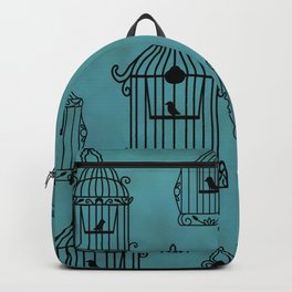 Intricate Turquoise Bird Cages Backpack | Antique, Turquoise, Delicate, Pattern, Digital, Blue, Whimsical, Birdie, Drawing, Aqua 