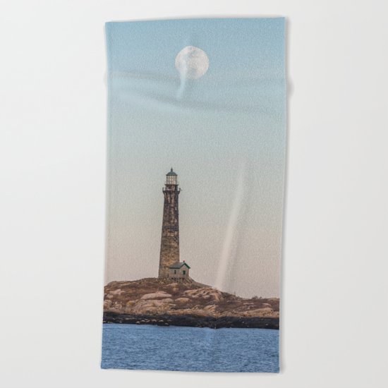 Pink Moon over Thacher island Beach Towel