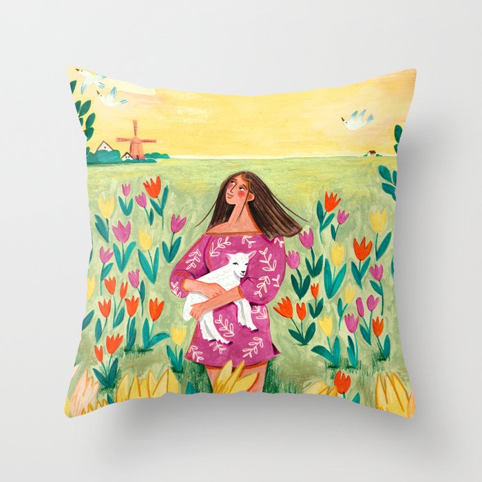 Spring woman easter tulip travel Throw Pillow