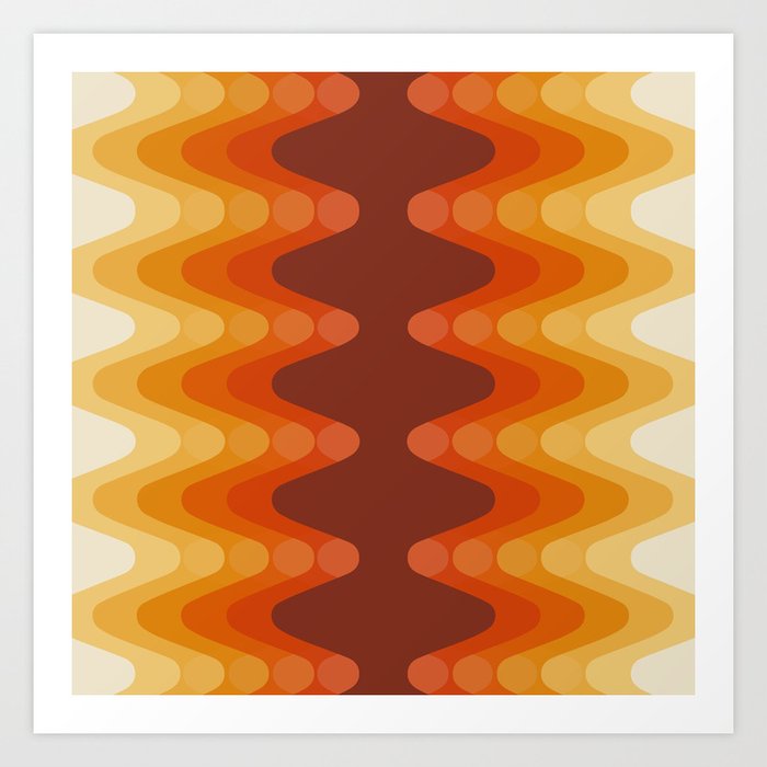 Retro 70s Style Geometric Sonic Wave Pattern 222 Orange Brown and Yellow Art Print
