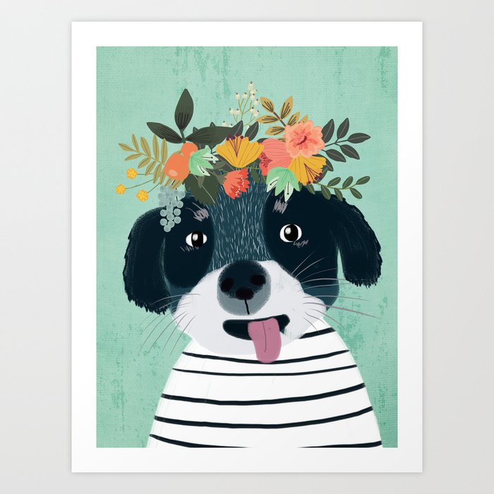 PUPPY DOG WITH FLOWERS Art Print
