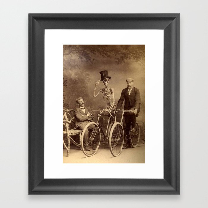 Skeleton Bicycling in the Park with a Friend black and white vintage photography / photographs Framed Art Print