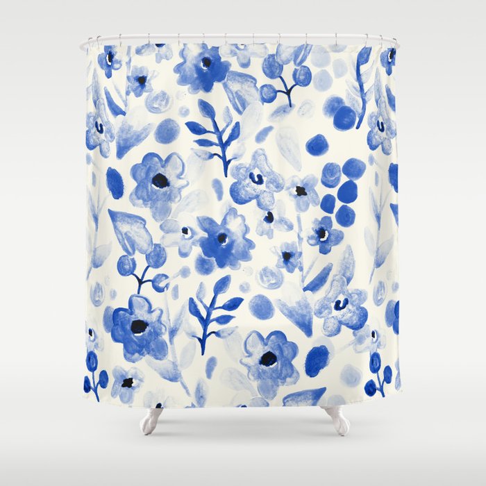Blue China - Watercolor Floral Shower Curtain