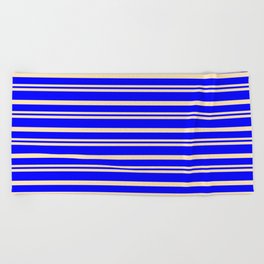 [ Thumbnail: Beige and Blue Colored Stripes Pattern Beach Towel ]