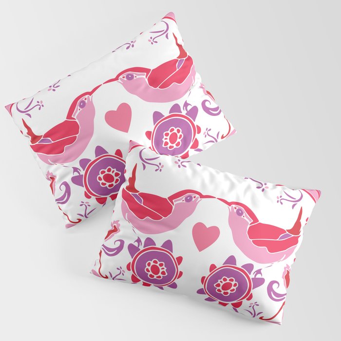 Kissing Birds with Hearts, Valentine's Day Pink and Red Pillow Sham