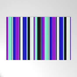 [ Thumbnail: Dark Violet, Aquamarine, Black, Mint Cream & Blue Colored Pattern of Stripes Welcome Mat ]
