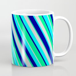 [ Thumbnail: Light Gray, Cyan, Dark Blue & Green Colored Lines Pattern Coffee Mug ]