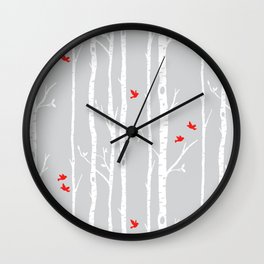 Birch tree forest with red birds on gray Wall Clock