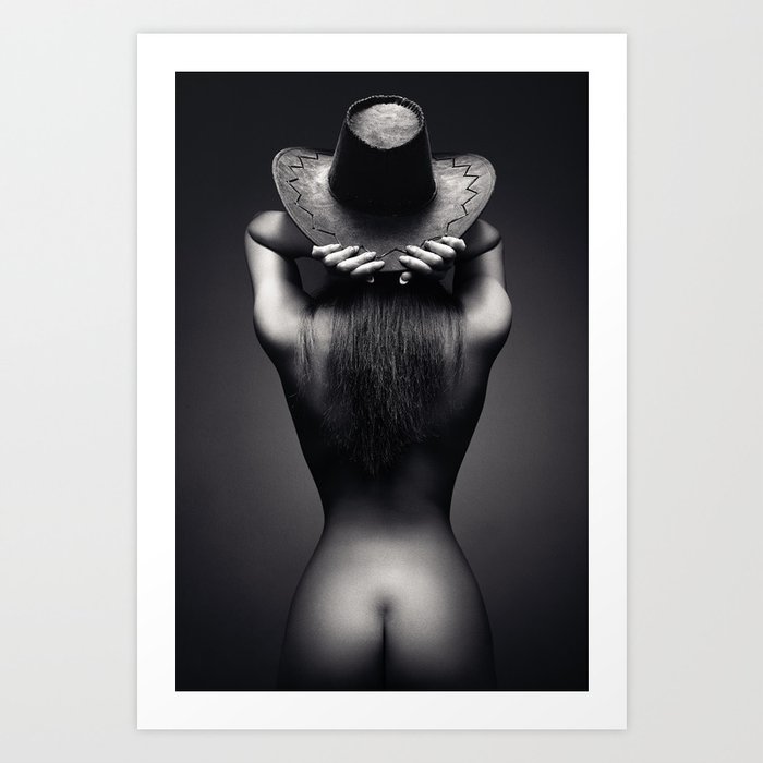 Rear view of a sensual nude woman wearing only a cowboy hat. Erotic photography of the naked female body Art Print