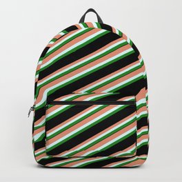 [ Thumbnail: Dark Salmon, Light Cyan, Forest Green & Black Colored Striped Pattern Backpack ]