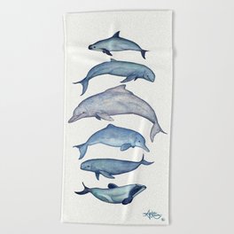 "Rare Cetaceans" by Amber Marine - Watercolor dolphins and porpoises - (Copyright 2017) Beach Towel