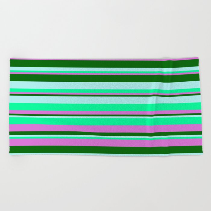 Turquoise, Green, Orchid & Dark Green Colored Striped/Lined Pattern Beach Towel