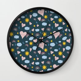 Kawaii Hearts and Rainbows - blue Wall Clock