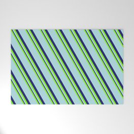 [ Thumbnail: Green, Powder Blue, and Midnight Blue Colored Pattern of Stripes Welcome Mat ]
