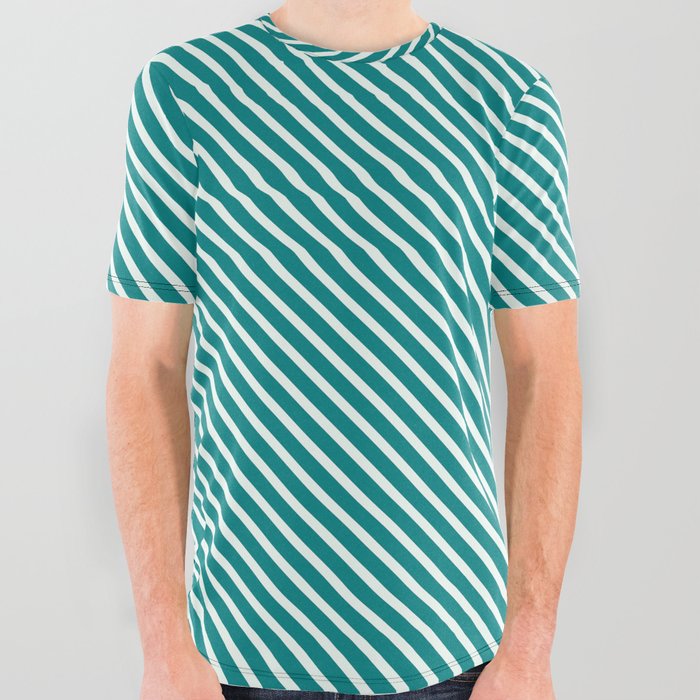 Mint Cream and Teal Colored Lines/Stripes Pattern All Over Graphic Tee