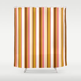 [ Thumbnail: Vibrant Brown, Goldenrod, Light Coral, White, and Tan Colored Striped Pattern Shower Curtain ]