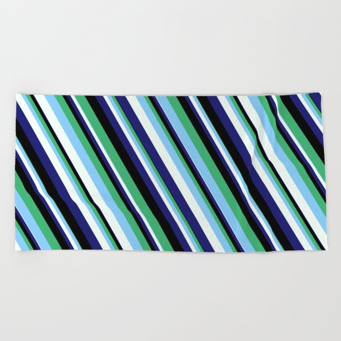 Eye-catching Sea Green, Light Sky Blue, Mint Cream, Midnight Blue, and Black Colored Lined Pattern Beach Towel