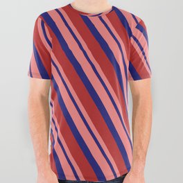 [ Thumbnail: Light Coral, Midnight Blue, and Red Colored Stripes/Lines Pattern All Over Graphic Tee ]