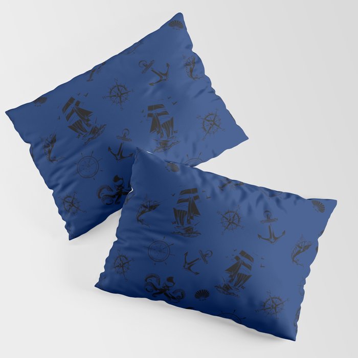 Blue And Black Silhouettes Of Vintage Nautical Pattern Pillow Sham