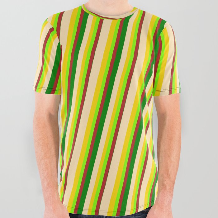 Vibrant Beige, Yellow, Chartreuse, Red & Green Colored Pattern of Stripes All Over Graphic Tee