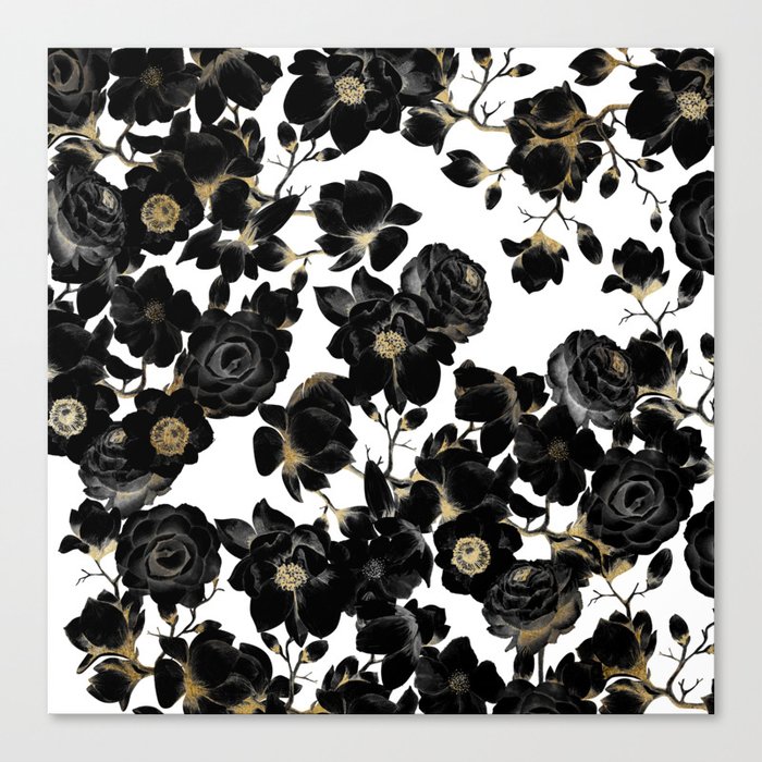 Modern Elegant Black White and Gold Floral Pattern Canvas Print
