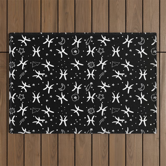 Black And White Pisces zodiac hand drawn pattern Outdoor Rug