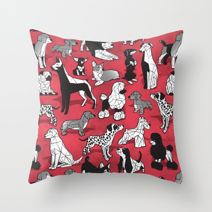 Geometric sweet wet noses // red watercolour texture background black and white dogs Throw Pillow