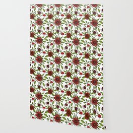 abstract red flowers and green leaves on white background graphic watercolor seamless pattern Wallpaper