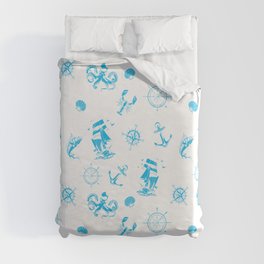 Turquoise Silhouettes Of Vintage Nautical Pattern Duvet Cover