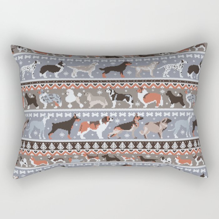 Fluffy and bright fair isle knitting doggie friends // grey and taupe brown background brown orange white and grey dog breeds  Rectangular Pillow