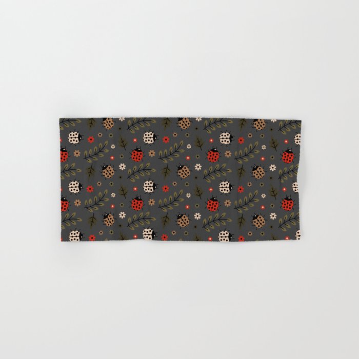 Ladybug and Floral Seamless Pattern on Dark Grey Background Hand & Bath Towel