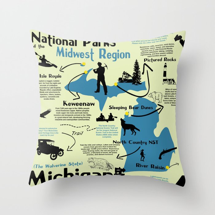 Michigan National Parks Infographic Map Throw Pillow