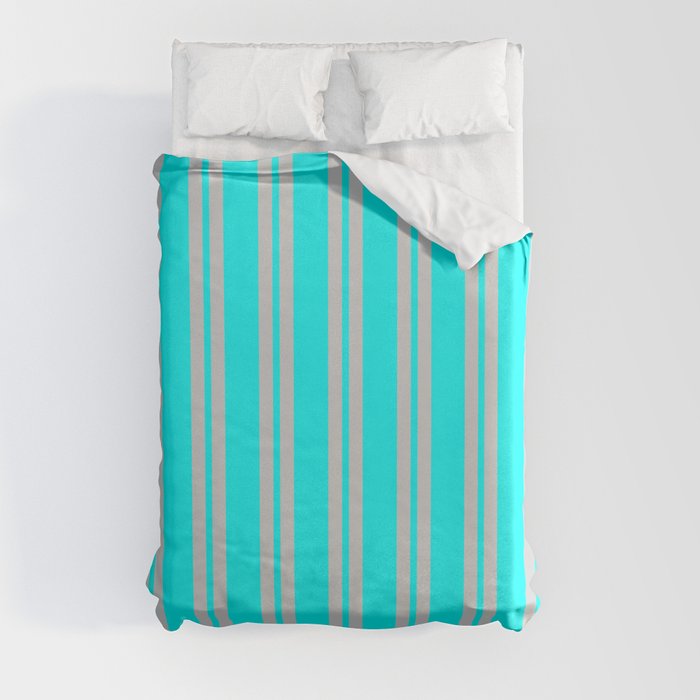 Cyan & Light Gray Colored Pattern of Stripes Duvet Cover