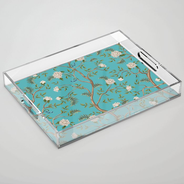 Design with white peonies trees in chinoiserie style. Interior hand drawn Acrylic Tray