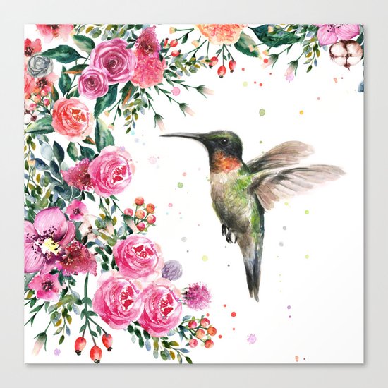 Hummingbird and Flowers Watercolor Animals Canvas Print