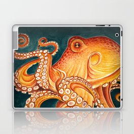Orange Yellow Octopus in Dark Teal Ocean Watercolor Laptop Skin