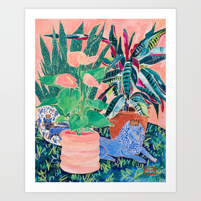 Jungle of House Plants Blush Still Life Painting with Blue Lion Figurine Art Print