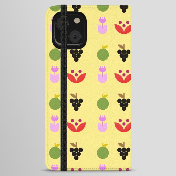 Simple modern flower and fruit pattern on yellow background iPhone Wallet Case