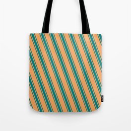 [ Thumbnail: Brown & Teal Colored Stripes Pattern Tote Bag ]