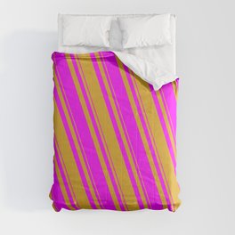 [ Thumbnail: Goldenrod and Fuchsia Colored Lined/Striped Pattern Comforter ]