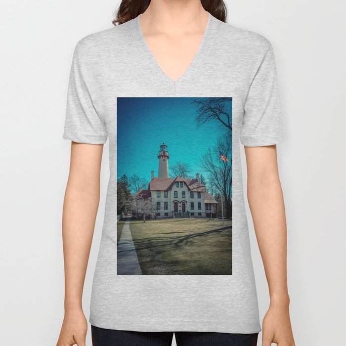 Evanston Illinois Grosse Point Lighthouse Lake Michigan Light Station V Neck T Shirt