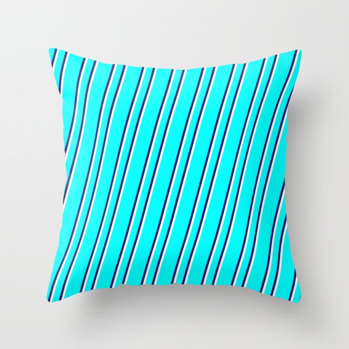 Aqua, Midnight Blue, and White Colored Stripes Pattern Throw Pillow