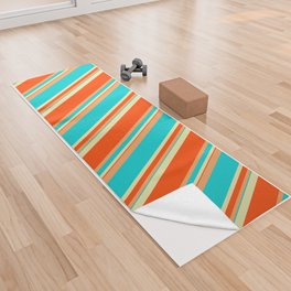 [ Thumbnail: Pale Goldenrod, Dark Turquoise, Brown, and Red Colored Lines/Stripes Pattern Yoga Towel ]