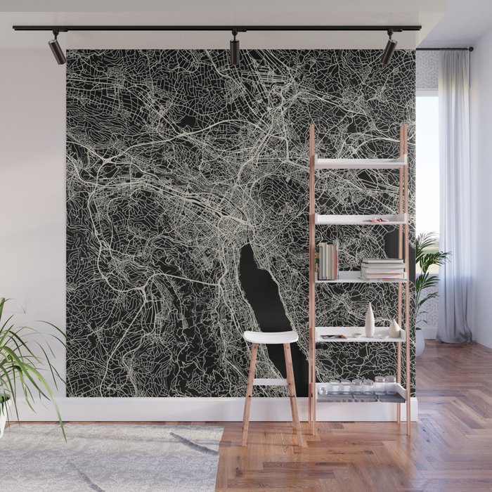 Zurich Switzerland - City Map - Black and White Aesthetic - map, gift, small, retro, city, cozy Wall Mural