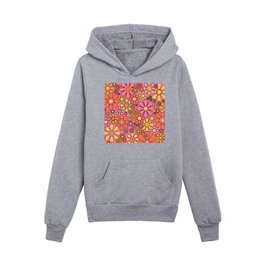 Retro Garden Flowers Groovy 60s 70s Floral Pattern in Very Pink, Orange, Yellow, and Black Kids Pullover Hoodies