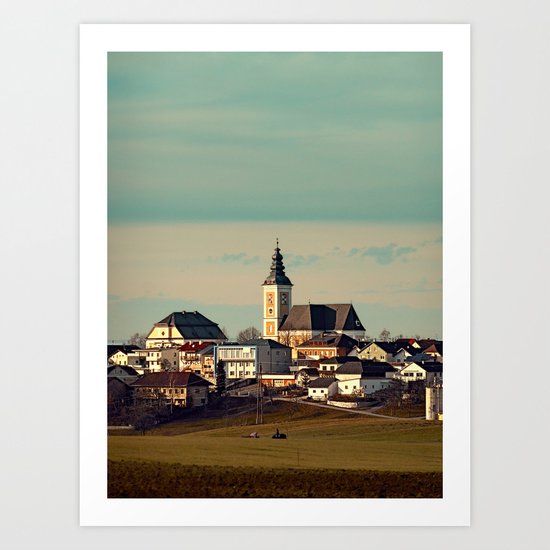 Small village skyline with mint sky | landscape photography Art Print