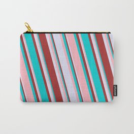 [ Thumbnail: Dark Turquoise, Light Pink, Lavender & Brown Colored Lines Pattern Carry-All Pouch ]