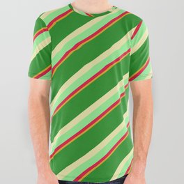 [ Thumbnail: Forest Green, Pale Goldenrod, Light Green, Crimson, and Goldenrod Colored Pattern of Stripes All Over Graphic Tee ]