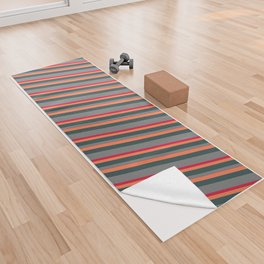 [ Thumbnail: Coral, Dark Slate Gray, Grey, and Crimson Colored Pattern of Stripes Yoga Towel ]