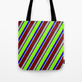 [ Thumbnail: Chartreuse, Dark Gray, Maroon & Blue Colored Lines/Stripes Pattern Tote Bag ]